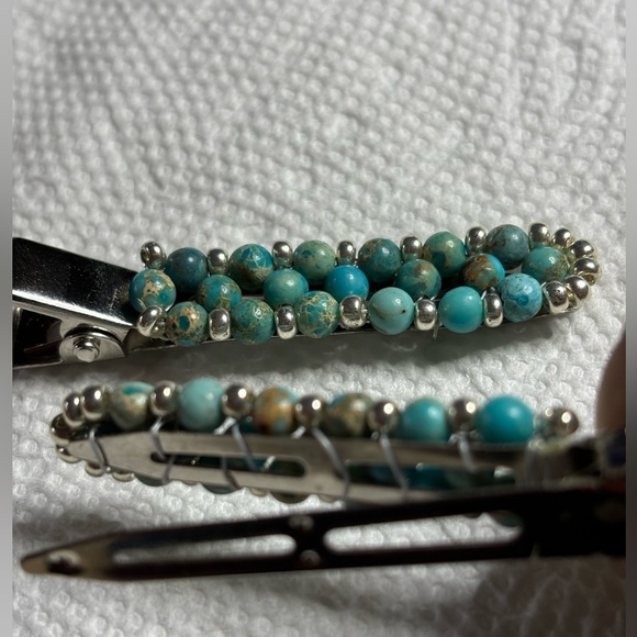 Two hair clips individually hand wrapped turquoise Jasper stones 2 inches - Picture 3 of 5
